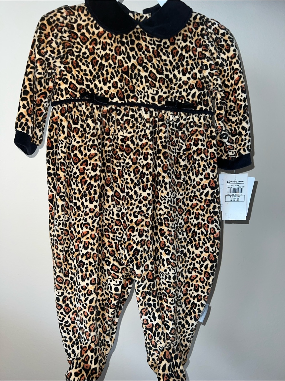 Little Me Leopard Velour Footed One-Piece with Black Collar